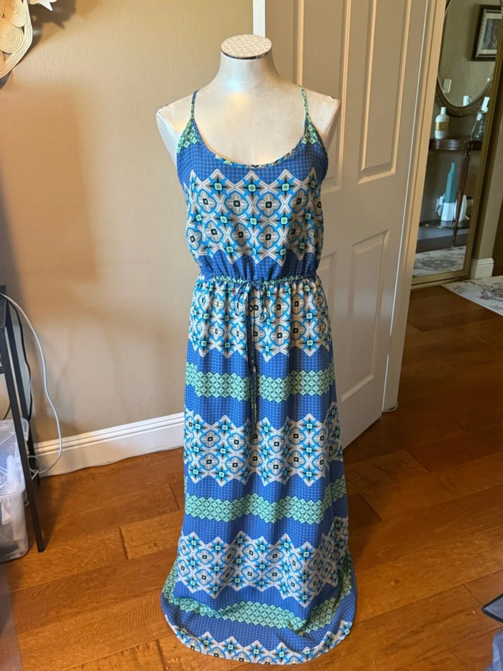 Banana Republic Blue & Aqua Geometric Maxi Dress Spaghetti Strap Size 10 - Picture 13 of 15